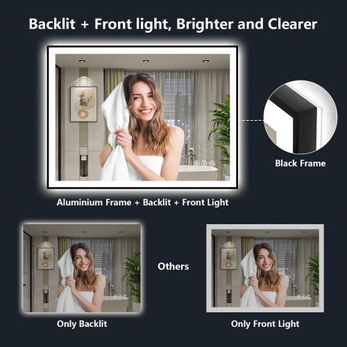 48x32 Inch LED Bathroom Mirror with Lights (Front Lit and Backlit) Black Framed Lighted Vanity Mirror for Bathroom Wall Dimmable Anti-Fog Memory Tempered Glass Horizontal/Vertical