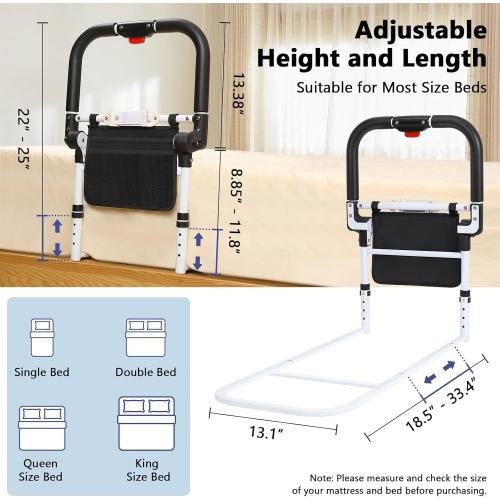 WHITE Bed Rails for Elderly Adults Safety with Foldable Non-Slip Handle, Adjustable Bed Assist Rails for Seniors, Handicap, Disable, Bed Assist Handle with Motion Light, Storage Pocket, White/Black