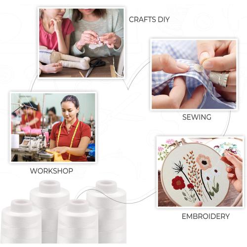 4 Pack White Sewing Thread, Serger Thread Cones of 3000 Yards Each, All Purpose Polyester Sewing Serger, Quilting, Piecing, Overlock Machine