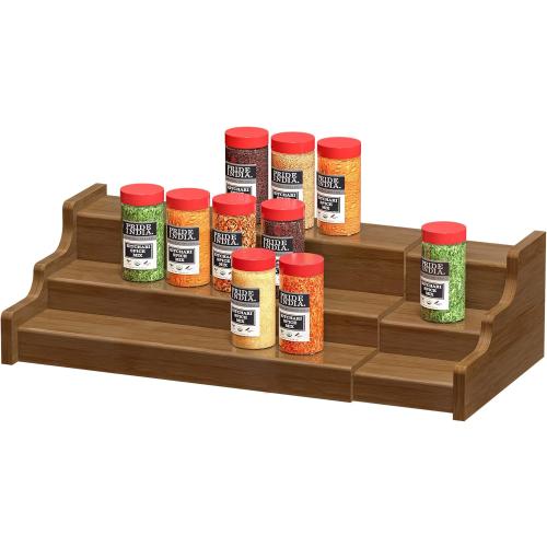Bamboo Spice Rack Cabinet Organizer - 3 Tier Wooden Expandable Walnut Display Shelf