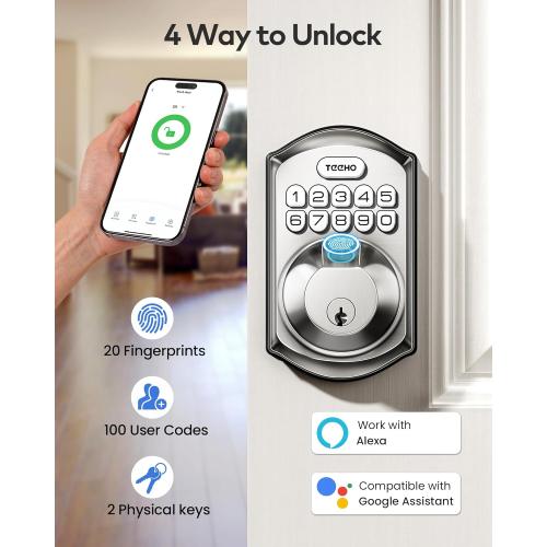 TEEHO TE012W WiFi Smart Lock, Fingerprint Door Lock with Built-in Wi-Fi, Keyless Entry Keypad Smart Deadbolt, App Remote Control, Alexa Compatible, IP55 Waterproof for Front Door – Satin Nickel