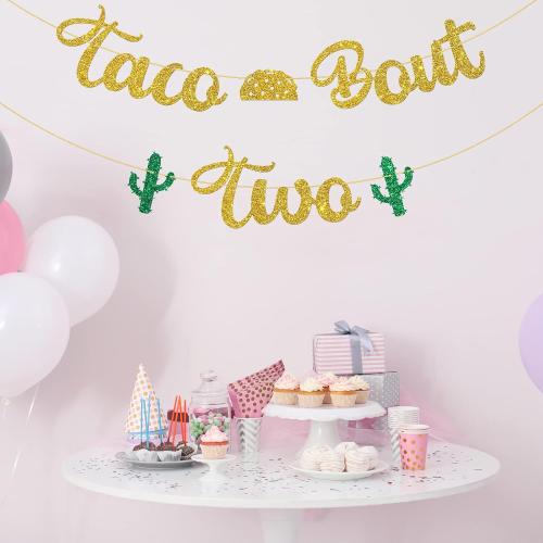 WeBenison Taco Bout Two Banner/Mexican Children 2nd Birthday Banner/Taco Bout Birthday Party Decoration Supplies Gold Glitter