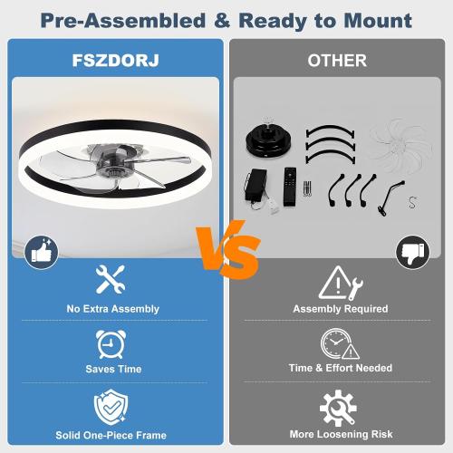 Fszdorj 23.6'' Ceiling Fan with Light, Upgraded Low Profile Fan, Flush Mount Ceiling Fan, 6 Speeds, Dimmable LED, App & Remote Control, Quiet DC Motor, for Bedroom, Living Room, F115 Black N