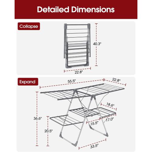 Sakugi Clothes Drying Rack, Foldable 2-Level Laundry Drying Rack with Height-Adjustable Wings, for Clothing & Bedding, Free-Standing Space-Saving Rack, Indoor & Outdoor, 55.5 L × 22.8 W, Gray