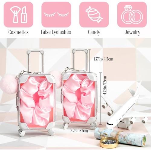 LemonRoad 15 Pcs Mini Suitcase Empty Storage Box and Plush Ball Keychain Candy Luggage Containers Packaging Case for Galentine Bridal Shower Baby Shower Party Favors Travel Gifts (Pink)