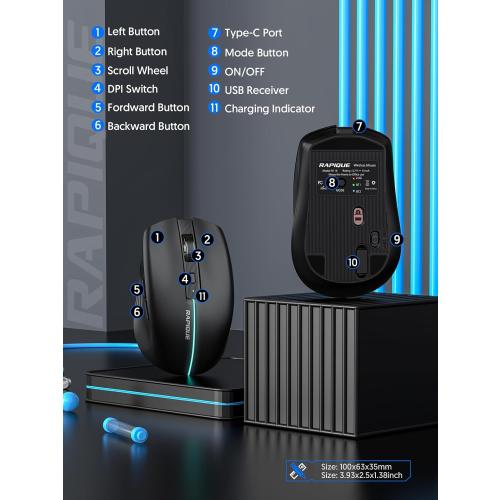 Black Bluetooth Wireless Mouse - (BT1/BT2 USB) Tri-Mode High Performance, Rechargeable, Quiet Click, Multi-Device Compatibility for Laptop, Computer, MacBook, Tablet, PC (Black)