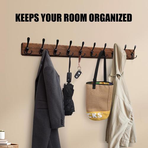 Gohiuo Rustic 38.6 Large Coat Rack Wall Mount, Long Wood Coat Hooks with 10 Triple Hooks, Heavy Duty Wooden Coat Hanger Wall Mount for Entryway, Farmhouse Hanging Jackets, Coats, Hats, Bags,Towel