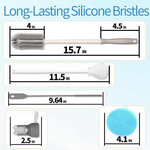 15.7 Silicone Bottle Brush Set - 6 Pack Water Bottle and Straw Cleaner Brush Long Handle for Hydro Flasks, Sports Bottles & Reusable Straw, Narrow Neck Containers, Tumblers, Glassware