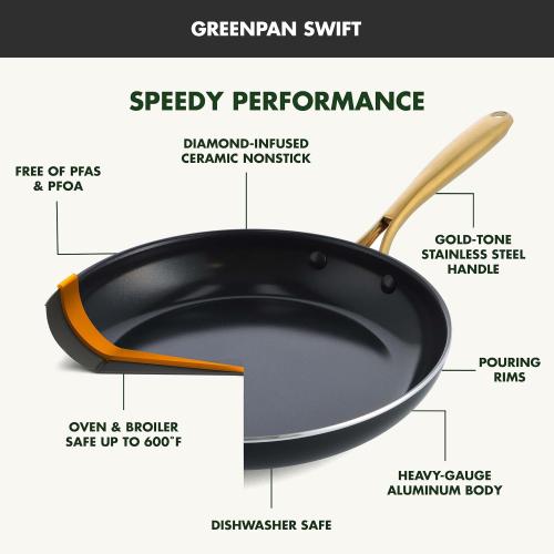 GreenPan Swift Cookware 10 Frying Pan Skillet, Healthy Ceramic Nonstick Coating, Heavy-Gauge Aluminum, Gold-Tone Stainless Steel Handle, PFAS-Free, Dishwasher & Oven Safe, Black