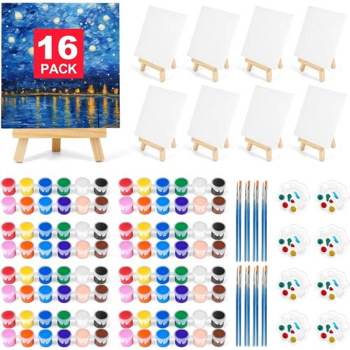 16 Pack 8 * 10In Canvas Boards for Painting, Art Canvas for Drawing with 32 Brushes & 16 Paint Trays & 32 Acrylic Paint, Mini Painting Canvas with Easel Set, Painting Kits for Adults & Kids Party
