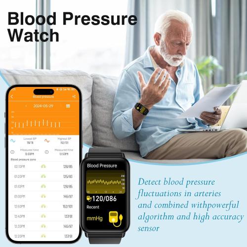 Black 1.96 Blood Pressure Watch, Smart Watch, Blood Pressure Watch for Men, 1.96'' Touchscreen Waterproof Smart Watch with Blood Pressure/Heart Rate Compatible for Android/iOS, Black