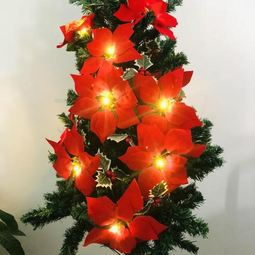 Poinsettia Christmas Flowers Decorations Garland String Lights 6.56FT 10LED Xmas Tree Artificial Ornaments with Red Berries Holly Leaves