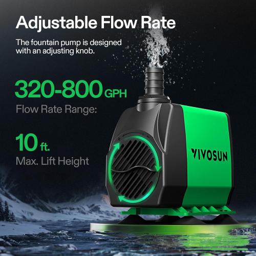 VIVOSUN 800GPH Submersible Pump(3000L/H, 24W), Ultra Quiet Water Fountain Pump with 10ft. High Lift with 6.5ft. Power Cord, 3 Nozzles for Fish Tank, Pond, Aquarium, Statuary, Hydroponics Green