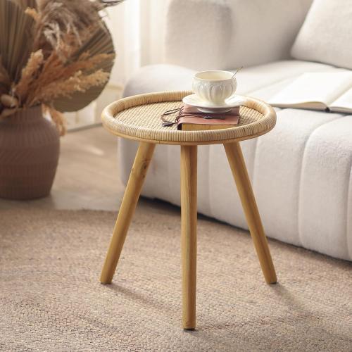 Small Side Table, Rattan Round Coffee Table, Boho Circle Side Tables End Table for Living Room, Mid Century Accent Table for Bedroom Balcony
