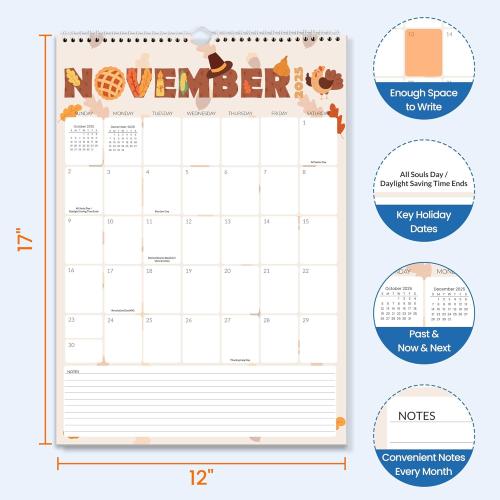 SUNEE Calendar 2026 18 Months Wall Calendar Oct. 2025 - Mar. 2027, 12x17 Big Hanging Calendar 2026 with Note, Past Month and Next Month for Organizing & Planning, Cute