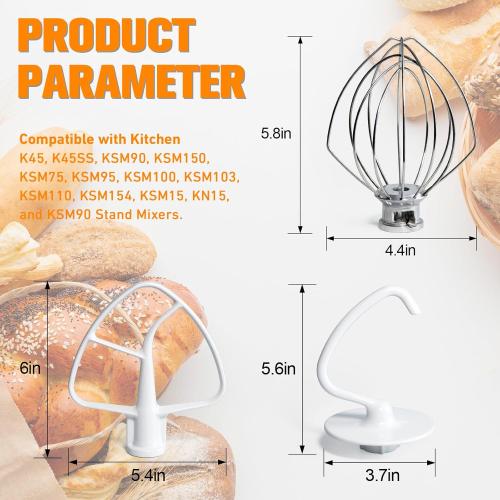 Funmit Mixers Accessories K45WW Wire Whip K45DH Dough Hook K45B Coated Flat Blade Paddle with Scraper Replacement for Kitchen Tilt-Head Aid Stand Mixer Attachments- Stainless Steel
