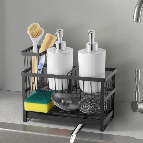 VEVOR Kitchen Sink Caddy Organizer, 2 Tier Sponge Holder for Kitchen Sink with High Brush Holder & Divider, Storage Rack with Rotatable Drainage Spout, Countertop Organizers and Storage Essentials