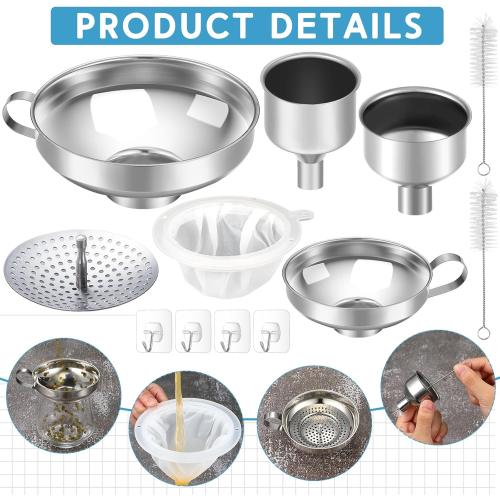 Set of 12 pcs Gejoy 12 Pcs Metal Canning Funnels Set Wide Mouth Mason Jar Funnels for Filling Stainless Steel Kitchen Filter with Strainer Mesh Filter Brushes and Adhesive Hooks, Silver