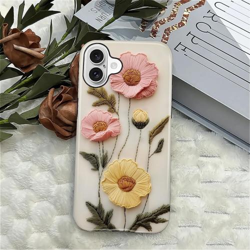 Case for iPhone 16 Case,Faux Embroidery Boho Floral Design - Hybrid Dual Protection Silicone   Hard PC Shockproof Full Body Cover Slim Anti-Scratch Protective Case for Men Women