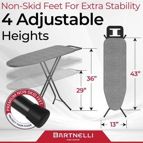 Bartnelli Ironing Board Made in Europe | Iron Board with 4 Layered Cover & Pad, Height Adjustable up to 36 Features A Safety Iron Rest, 4 Steel Legs, for Home Laundry Room or Dorm Use (43x14)