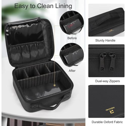 Relavel Travel Makeup Train Case Makeup Cosmetic Case Organizer Portable Artist Storage Bag with Adjustable Dividers for Cosmetics Makeup Brushes Toiletry Jewelry Digital Accessories Black