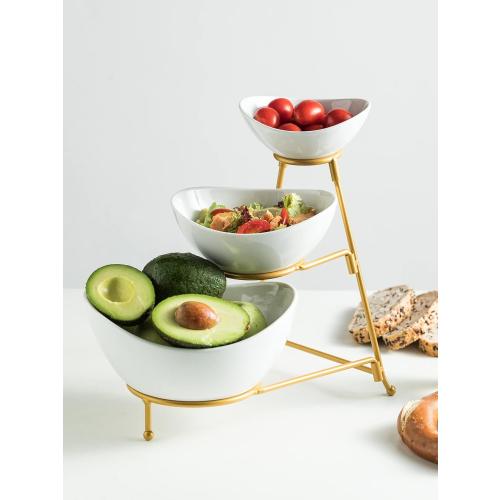 3 Tier Serving Bowls with Stand, Chips and Dip Serving Dishes Set for Entertaining Party, Ceramic Fruit Bowl for Salad Soup Snacks, Microwave & Dishwasher Safe
