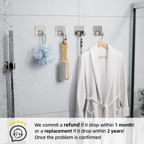 Adhesive Shower Hooks for Inside - Extra Sticky Stainless, Razor Holder Shower Accessories, Wall Mounted Self-Adhesive Double Hooks for Razor, Loofah, Towel, Shaver, Coat, Key, Silver, 4-Pack