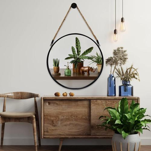 POZINO Round Mirror, 15 Rope Hanging Mirror, Farmhouse Circle Mirrors, Black Metal Frame Wall Mirrors for Bathroom, Bedroom, Living Room, Entryway, Fireplace, Home Decor