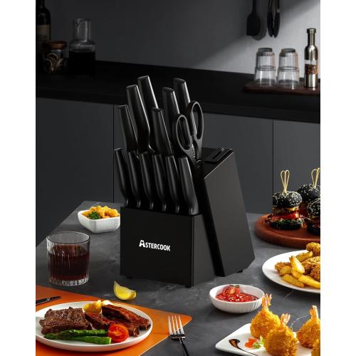 Astercook Knife Set, Kitchen Knife Set with Built-in Sharpener Block, Dishwasher Safe, 15 Pieces German Stainless Steel Knife Block Set, Black