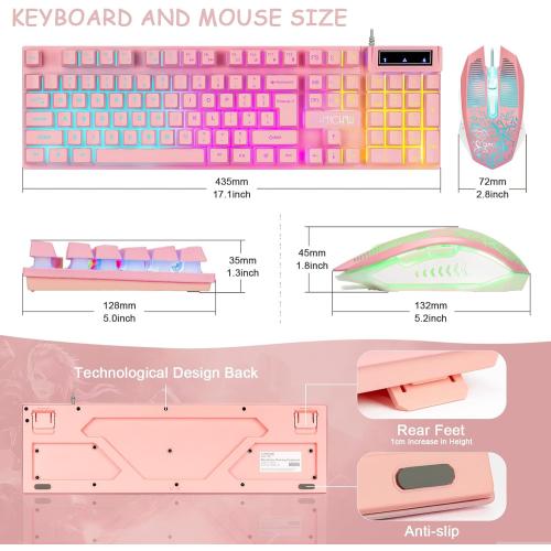 CHONCHOW Pink Gaming Keyboard and Mouse Combo with led, 104 Keys Wired Light Up Keyboard and Colorful Mouse for PC Laptop Computer PS4 Xbox, 19 Keys Anti-Ghosting, Multimedia Keys, Number Pad