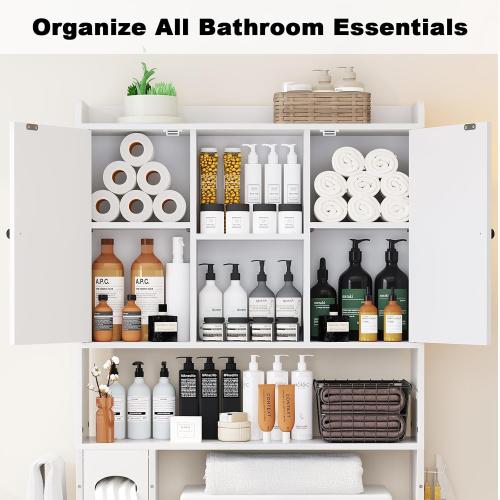32W Over The Toilet Storage Cabinet with Metal Frame and 7 Storage Shelves, Bathroom Organizer with Adjustable Shelves and Paper Holder, Farmhouse Storage Cabinet for Bathroom, Laundry, White