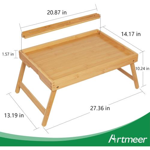 Artmeer Bed Tray Table with Folding Legs, Bamboo Breakfast Food Tray with Media Slot, Use As Platter, Laptop Desk, Snack, TV Tray Kitchen Serving Tray (Bamboo Extra-Large Size)