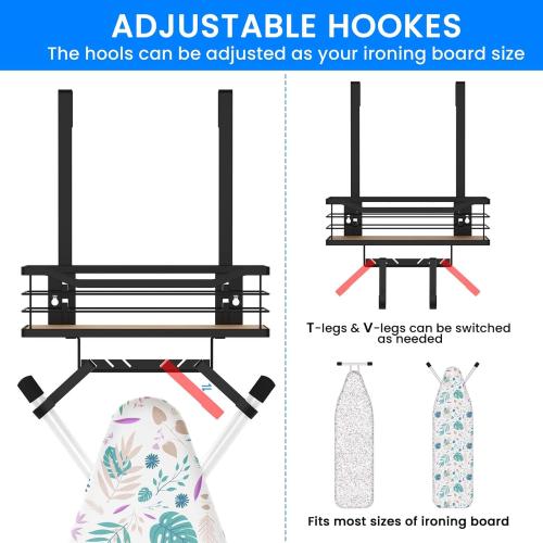 Ironing Board Holder Wall Mount - Laundry Room Organization and Ironing Board Holder Laundry Room Iron and Storage with Large Storage Wooden Base Basket and Removable Hooks(T&V Shaped)