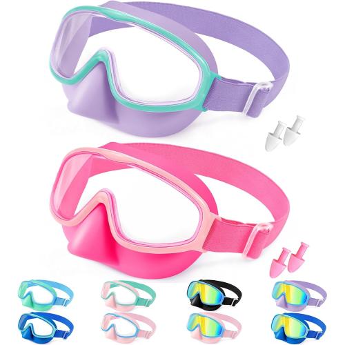 Vvinca Kids Goggles with Nose Cover Comfort Fabric Strap,Wide View Diving Mask Anti-Fog UV Swimming Goggles for Kids 3-12