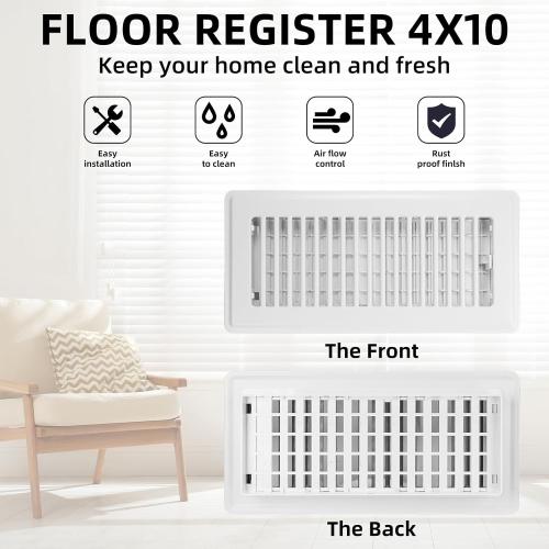 Floor Register 4x10, 4 Pack Floor Vent Covers for Home Floor Heavy Duty Steel Panel Walkable Floor Grates Adjustable Air Vent Covers 4 x 10 Floor Vent, White