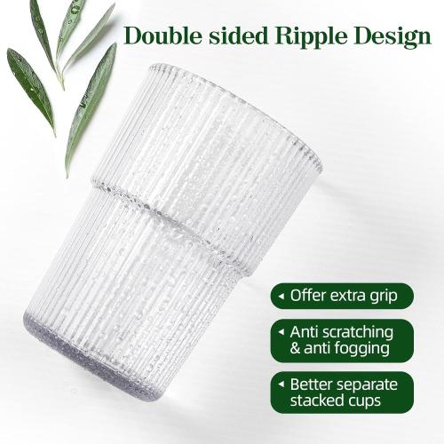 17oz Shatterproof Ribbed Glasses, Plastic Tumblers for Poolside – Clear Acrylic Cups, Stackable & Reusable, Dishwasher Safe Drinkware – Set of 8