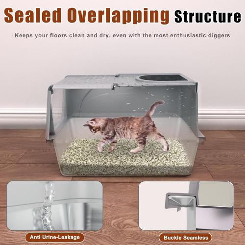 Grey 23.6 L × 15.7 W × 14.5 H Stainless Steel Cat Litter Box with Lid, 180° Flip Top XL Enclosed Litter Box with Trapping Mat & Metal Scoop, Front Top Dual Entry Steel Extra Large Cat Litter Pan
