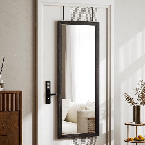 Over Door Mirror Wooden Frame, Full Length Hanging Mirror with Durable and Space-Saving Design for Bedroom, Bathroom, or Closet, Adjustable Height Hooks, Grey