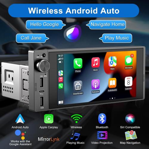 Single Din Touchscreen Radio Wireless Apple Car Play Wireless Android Auto, 6In Single Din Car Stereo with Mirror Link Bluetooth FM GPS Navigation SWC EQ