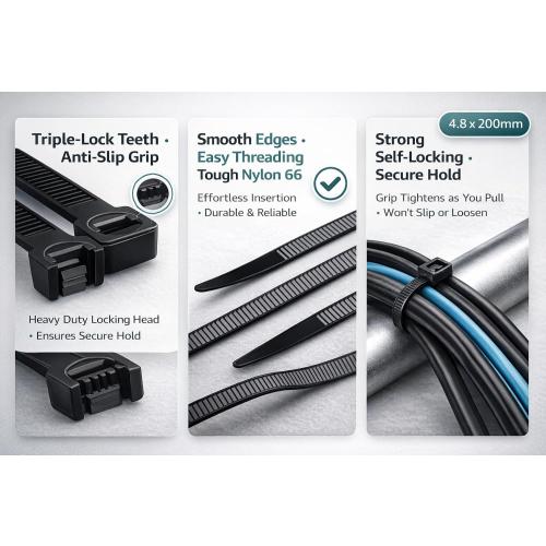 Nylon Cable Ties, Black, 4.8x200mm, 80 Pack, Self-Locking Zip Ties for Cable Management