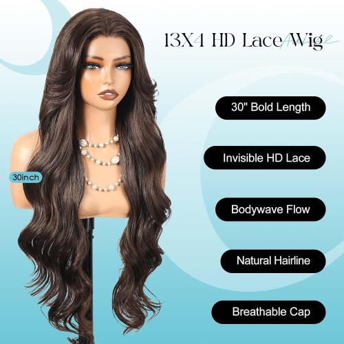 13x4 Glueless Body Wave Lace Front Wig Natural Hairline Pre-Cut Heat Resistant Synthetic Hair for Women Natural-Looking Hairline 30 Inch Dark Brown Highlight(#FS4/30)
