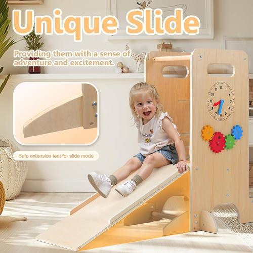 Toddler Tower 4-in-1 Multifunctional Kitchen Stool Helper with Removable Safety Board, Adjustable Heights, Slide, Highchair, Chalkboard, Montessori Games
