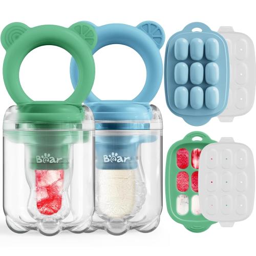 Bear Baby Fruit Food Feeder & Mini Freezer Nibble Tray Combo, 2 Pack Breastmilk Popsicle Molds for Baby Teething Relief, BPA Free Silicone Feeder for Safe Infant Self Feeding, Dishwasher Safe