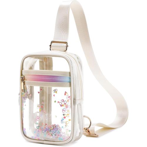 Clear Crossbody Bags for Women Girls Stadium Approved Sling Pack Bag Shoulder Belt Purses Kids Transparent Chest Backpack Daypack Small Waist for Sports,Beach,Events,Concerts,Beige