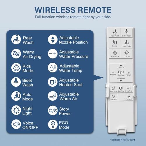 White Combier Bidet Toilet Seat with Heated Warm Water & Nozzle Wash, Auto-Dry, Quiet Close Lid, Wireless Remote - Electric Bidet Seat 102S-B(Elongated)