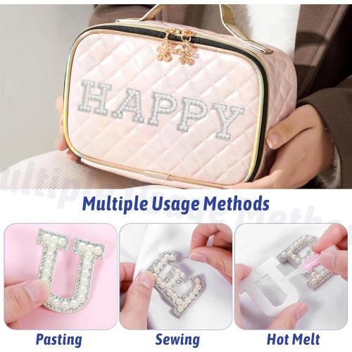 52 Pcs Iron on Letters Pearl Letter Patches with Pearl Rhinestone Self Adhesive A-Z Stick on Pearl Letter Patches for Clothes, Fabric, Backpack