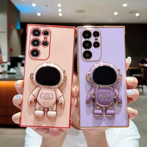 Phone Case for Samsung Galaxy S24 Ultra 6.8 Luxury Plating Astronaut Stand Holder Phone Case with Cute Love Heart Side Small Pattern Soft Silicone Shockproof Kickstand Cover Bumper (Pink)