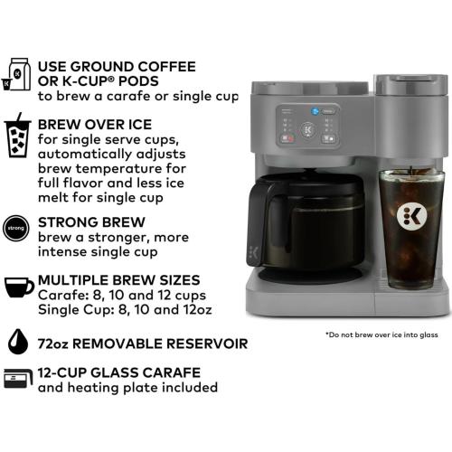 K-Duo Essentials Hot & Iced Coffee Maker Single Serve KCup Pod & 12-Cup Glass Carafe Dual Brew System 72oz Reservoir (MOONLIGHT GREY)