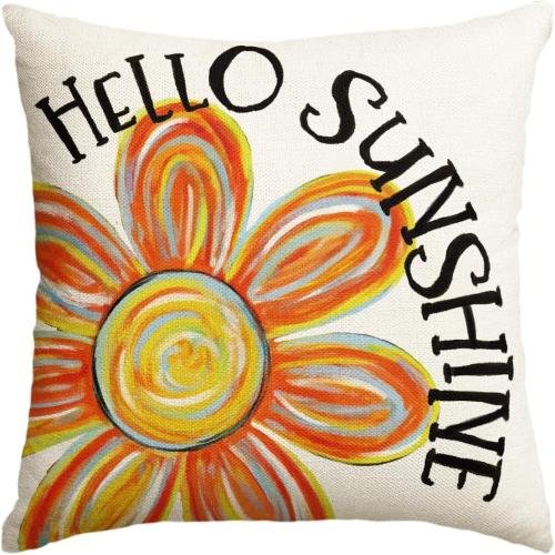 Hello Sunshine Floral Throw Pillow Cover, ,Cushion Case Decoration for Sofa Couch Holiday Seasonal Home Decor