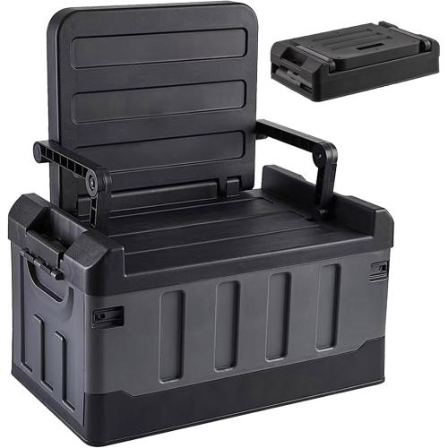 BLACK Versatile Foldable Seatable Camping Box Car Organizer Heavy Duty Storage Bins With Lids Box Trunk,Durable Plastic,60L Can Store Clothes, Toys Camping Equipment in Large Capacit (black)